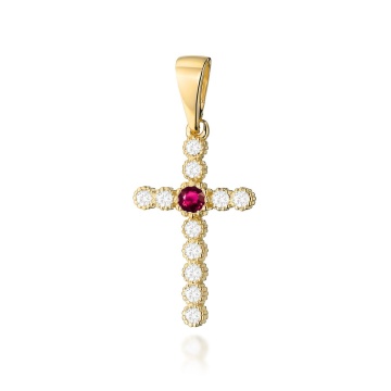 Pandantiv Cruce Aur 14K cu Rubin 0.15 ct si Diamante Naturale