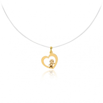 Colier cu fir transparent si Inimioara cu Copii din AUR 14K