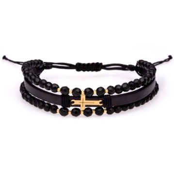 Bratara Onix Cross din AUR 14K si Piele Naturală