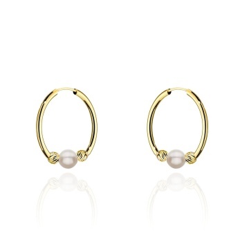 Cercei Aur 14K Tip Creol Cu Perlă Naturală Și Bile Diamantate