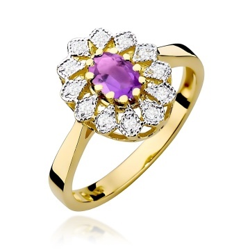 Inel Aur 9K cu Ametist 0.40 ct si Diamante Naturale 0.10 ct