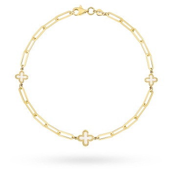 Brățară Aur 14K Cu Zale Lungi Și Trifoi Cu Masă Perlată