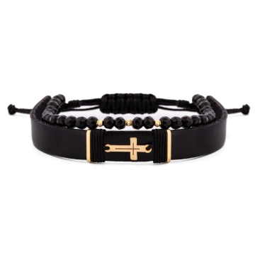 Brățara Double Cross Onix din AUR 14K cu Piele Naturală și Onix