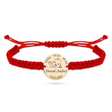 Bratara pentru copii - cu snur si banut de 14mm din Aur 14k personalizat cu datele nasterii