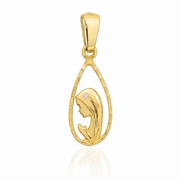 Medalion Fecioara Maria Aur 14K Contur Picătură cu Zirconiu