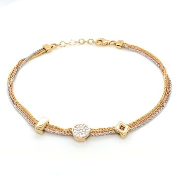Brățară Triplu Lanț Aur 14K cu Zirconii Romb și Dreptunghi