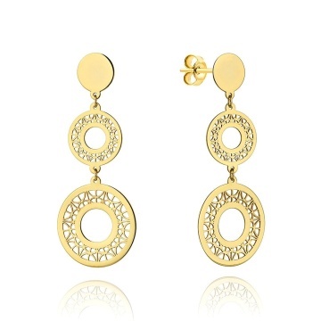 Cercei Aur 14K, Trei Cercuri Pline și Ajurate în Design Vertical