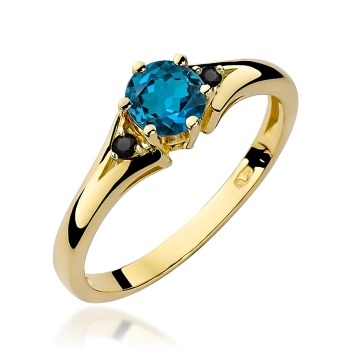 Inel Aur 9K cu Topaz London Blue 0.50 ct si Diamante Naturale Negre 0.03 ct