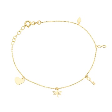 Brățară din Aur cu Elemente Delicate: Inimă, Libelulă, Cheie, Simbolul Infinitului și Romb