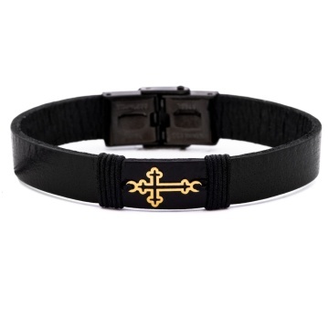 Brățară Protection Cross din AUR 14K și Piele Naturală