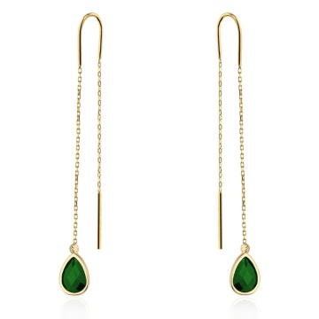 Cercei Aur 14K Model Lacrimă cu Piatră Verde și Bilă Diamantată