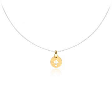 Colier cu fir transparent si banut cu cruce decupata din AUR 14K