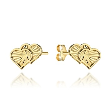 Cercei Aur 14K Două Inimi Diamantate cu Știft