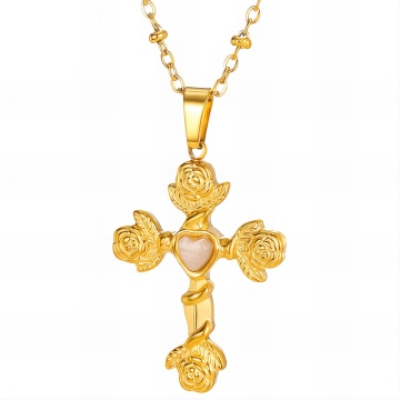 Colier Cross Roses din Inox placat cu AUR
