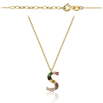 Colier cu Litera S si Pietre Multicolore- Aur 14k
