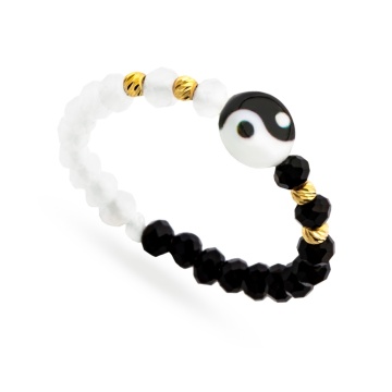 Inel Yin si Yang cu cristale si bilute din AUR 14K
