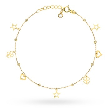 Brățară de Glezna Aur 14K cu Biluțe Diamantate, Stele, Inimi și Trifoi