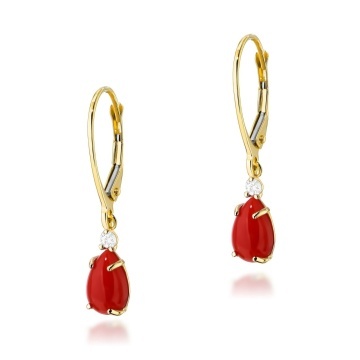 Cercei Aur 14K cu Coral 0.65 ct si Diamante Naturale 0.06 ct