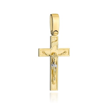 Cruce din satin auriu cu decor cu Isus răstignit