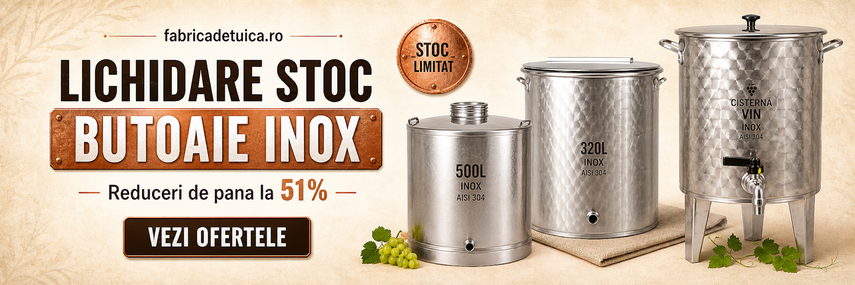 Linchidare stoc Butoaie Inox Vin, Palinca, Tuica, Fabricad de tuica