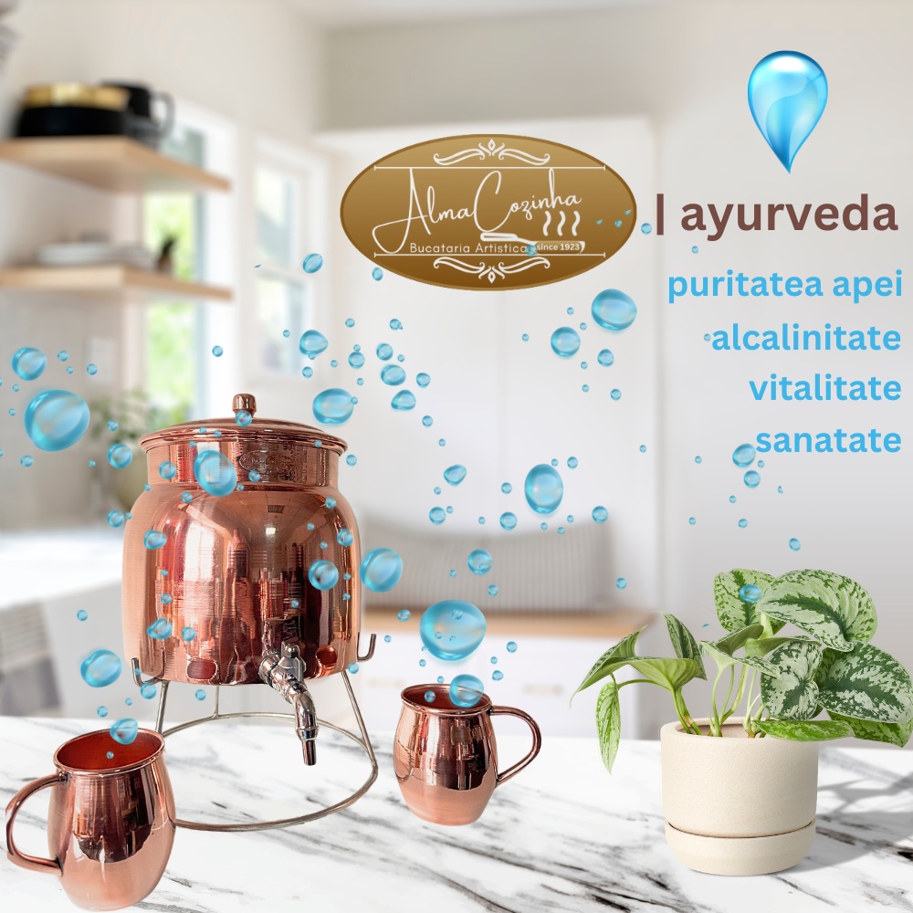 Set Rezervor 8 L + 2 Cani 400 ml din Cupru Lucios pentru Apa, Ayurveda - 1 | YEO