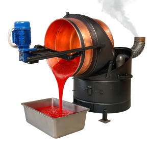 Cazan 100 litri cupru, magiun, zacusca, gem, basculant, cu focar pe lemne și amestecator electric