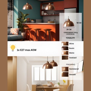 Lustra vintage din cupru CS05CO, finisaj lovitura de ciocan, diametru 30 cm - Img 3