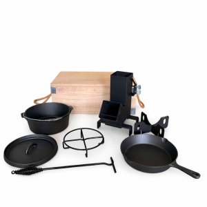 Set Gratar BBQ 6 piese din fonta cu mini-soba Racheta si cutie din lemn - Img 2