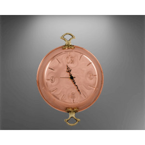 Ceas de perete din cupru model tigaie cu 2 manere, fabricat manual in Grecia, cu mecanism Quartz made in Germany, ideal pentru bucatarie, cafenea, pub sau cabana. - Img 3