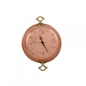 Ceas de perete din cupru model tigaie cu 2 manere, fabricat manual in Grecia, cu mecanism Quartz made in Germany, ideal pentru bucatarie, cafenea, pub sau cabana.