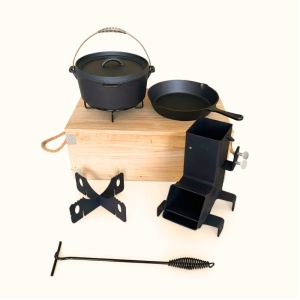 Set Gratar BBQ 6 piese din fonta cu mini-soba Racheta si cutie din lemn - Img 3