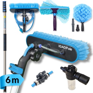 IGADPole 6m Washing Kit: Water-fed Brush, Cobweb Duster and 10”(25cm) Squeegee and Soap Dispenser, with 5-Stage Telescoping Pole