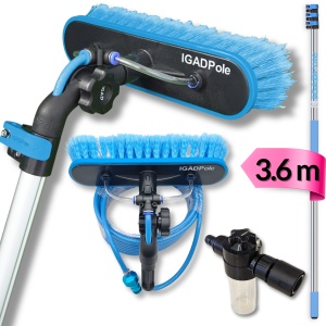 Kit IGADPole con asta estensibile da 3,6 m, spazzola ad alimentazione d’acqua, dosatore di sapone e tubo flessibile, asta telescopica a 3 stadi