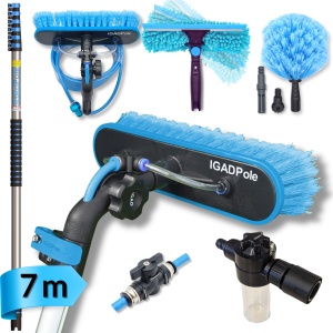 Kit de spălare IGADPole 7m: perie cu alimentare cu apă, perie pentru pânze de păianjen și racletă de 25 cm cu dozator de săpun, prevăzut cu tijă telescopică în 6 trepte