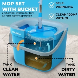 Kit profesional de mop IGAD cu găleată, sistem cu 2 camere pentru separarea apei murdare de cea curată, mâner telescopic de 130 cm, 2 lavete din microfibră, mop eficient pentru toate tipurile de suprafețe - Img 2