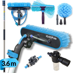IGADPole 3.6m Washing Kit: Water-fed Brush, Cobweb Duster and 10”(25cm) Squeegee and Soap Dispenser, with 3-Stage Telescoping Pole