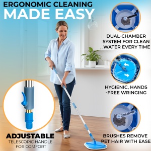 IGADMop Kit Professionale con Secchio, Sistema a 2 Scomparti per Separare Acqua Sporca e Pulita, Manico Telescopico da 130 cm, 2 Panni in Microfibra, Mocio Efficace per Tutte le Superfici - Img 6