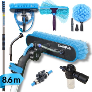 IGADPole 8.6m Washing Kit: Water-fed Brush, Cobweb Duster and 10”(25cm) Squeegee and Soap Dispenser, with 6-stage Telescoping Pole and & 1ft Curved Extension