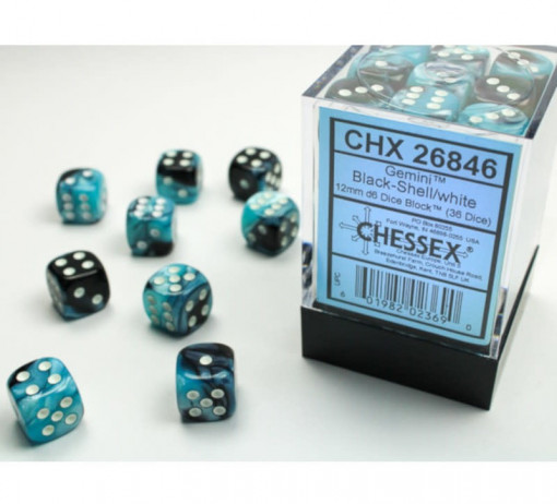 Chessex 36 buc. 12mm D6 Dice Block Gemini - Black-Shell/white