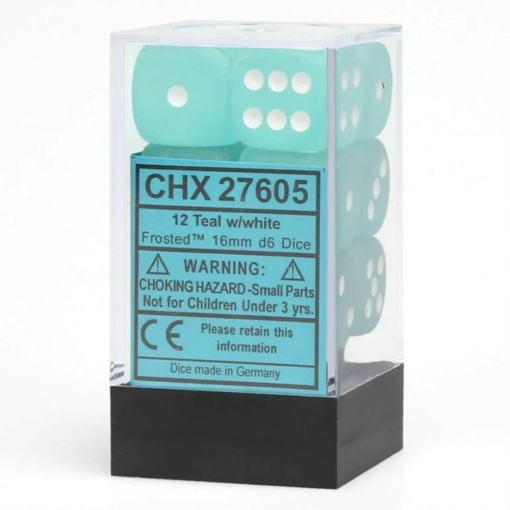 Chessex 16mm d6 with pips Dice Blocks (12 Dice) - Frosted Teal w/white