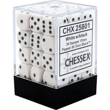 CHESSEX OPAQUE 12MM D6 WITH PIPS DICE BLOCKS (36 DICE) - WHITE W/BLACK