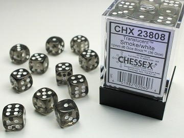 Chessex 36 buc. 12mm D6 Dice Block Translucent - Smoke/white