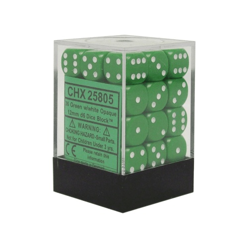 CHESSEX OPAQUE 12MM D6 WITH PIPS DICE BLOCKS (36 DICE) - GREEN W/WHITE