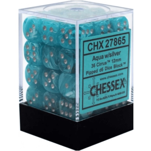 CHESSEX SIGNATURE 12MM D6 WITH PIPS DICE BLOCKS (36 DICE) - CIRRUS AQUA W/SILVER