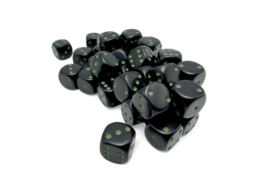 Chessex Opaque Black w/green 12mm d6 Dice Block (36 dice)