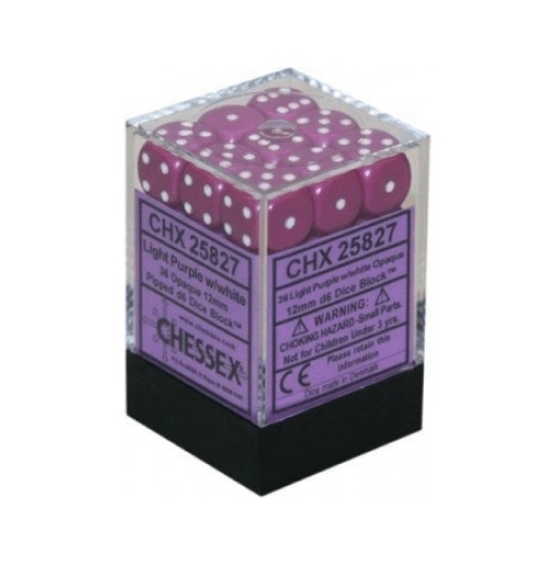 CHESSEX OPAQUE 12MM D6 WITH PIPS DICE BLOCKS (36 DICE) - LIGHT PURPLE W/WHITE