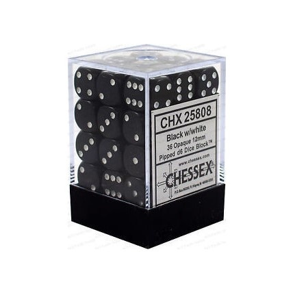 CHESSEX OPAQUE 12MM D6 WITH PIPS DICE BLOCKS (36 DICE) - BLACK W/WHITE