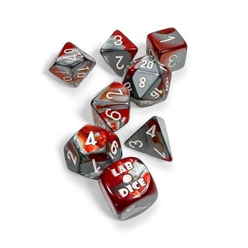 LAB DICE 8 - GEMINI RED-STEEL/WHITE POLYHEDRAL 7-DICE SET (WITH BONUS DIE)