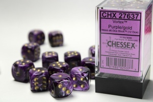 CHESSEX: Vortex 16mm D6 Dice Block (12 Dice) - Purple/Gold