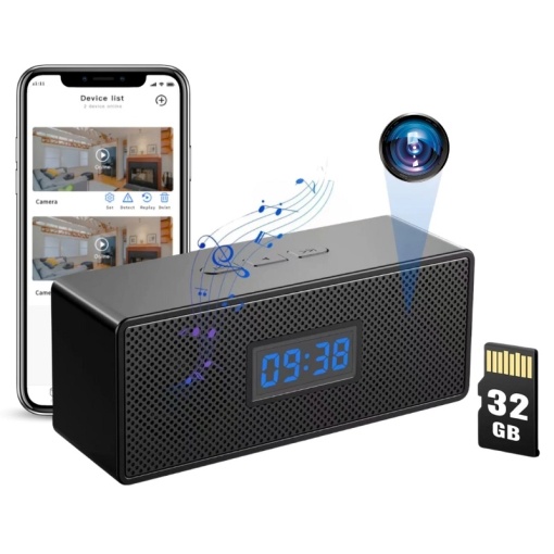 Kémkamera hordozható hangszóróban és asztali óra iUni IP45, Wi-Fi, 32GB, Full HD, mozgásérzékelő